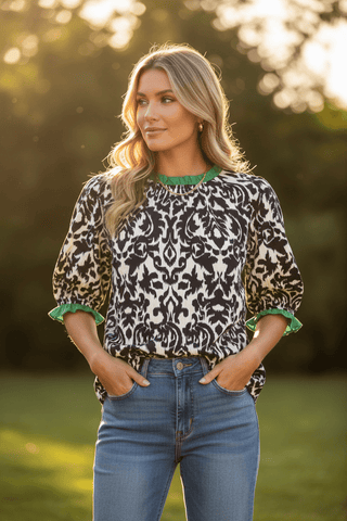 Ruffled Color Block Detail Half Sleeve Blouse-Women's Tops-Simply Blessed Children's Boutique