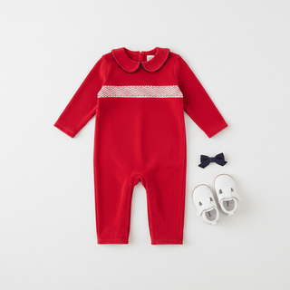 Samuel Smocked Romper (Velour) - Richmond Road Red with Worth Avenue White and Nantucket Navy/TBBC-Infants-Simply Blessed Children's Boutique