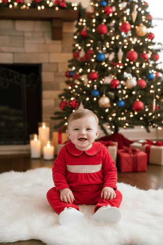 Samuel Smocked Romper (Velour) - Richmond Road Red with Worth Avenue White and Nantucket Navy/TBBC-Infants-Simply Blessed Children's Boutique