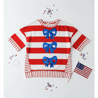 Sequin Bow Patriotic Half Sleeve Top-Women's Short Sleeve Shirt-Simply Blessed Children's Boutique