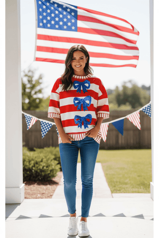 Sequin Bow Patriotic Half Sleeve Top-Women's Short Sleeve Shirt-Simply Blessed Children's Boutique