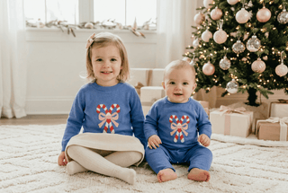 Sage and Lilly Blue Candy Cane Sweater Romper with Pink Bow-Girls One-Piece-Simply Blessed Children's Boutique
