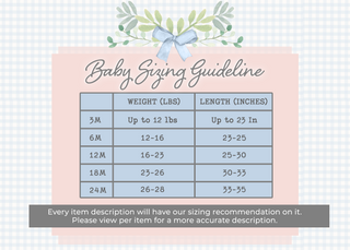 Baby Sizing Guidelines 3M = Weight(LBS)=up to 12lbs Length(INCHES)=up to 23 in 6M = Weight(LBS)=12-16 Length(INCHES)=23-25 12M = Weight(LBS)=16-25 Length(INCHES)=25-30 18M = Weight(LBS)=23-26 Length(INCHES)=30-33 24M = Weight(LBS)=26-28 Length(INCHES)=33-35