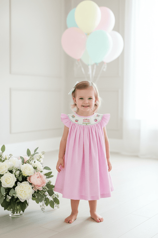Pink Smocked Happy Birthday Bishop Dress-Girls Dresses-Simply Blessed Children's Boutique