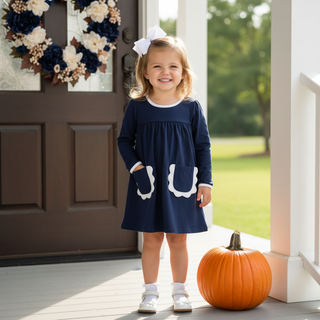 Millie Jay Girls Long Sleeve Navy Izzie Dress with Pockets-Girls Dresses-Simply Blessed Children's Boutique