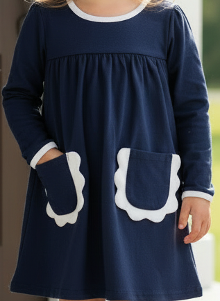 Millie Jay Girls Long Sleeve Navy Izzie Dress with Pockets-Girls Dresses-Simply Blessed Children's Boutique