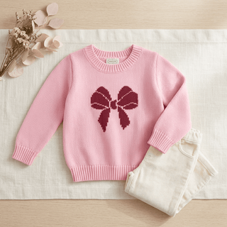 Mud Pie Girls Pink Bow Crewneck Sweater-Girls Sweatshirt/Pullover-Simply Blessed Children's Boutique