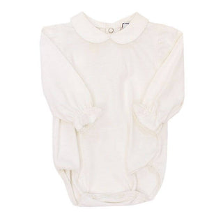 Bailey Boys white knit long sleeve onesie for girls with piped collar and cuffs—classic layering piece for rompers and dresses.