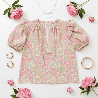 Tie V Neck Floral Short Puff Sleeve Blouse-Women's Short Sleeve Shirt-Simply Blessed Children's Boutique