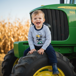 Millie Jay Boys Navy Striped Long Sleeve Tractor Trio Applique Shirt with Navy Pants-Boys Outfit Sets-Simply Blessed Children's Boutique