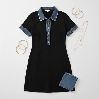 Western Knit Denim Contrast Trim Polo Dress-Women's Dresses-Simply Blessed Children's Boutique
