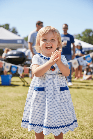 Royal Blue Polka Dot Wildcat Girls Dress - Simply Blessed Children's Boutique