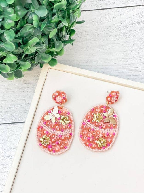 Easter Egg Seed Bead Statement Earrings - Pink