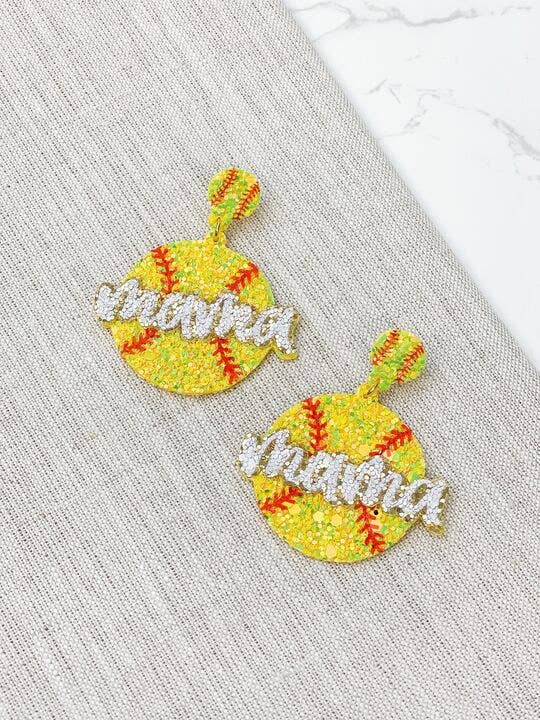 Sports Mama Glitter Dangle Earrings softball