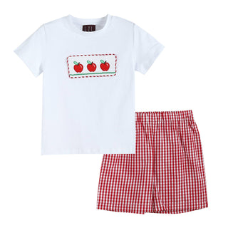 Smocked T-Shirt with Apple and Red Shorts