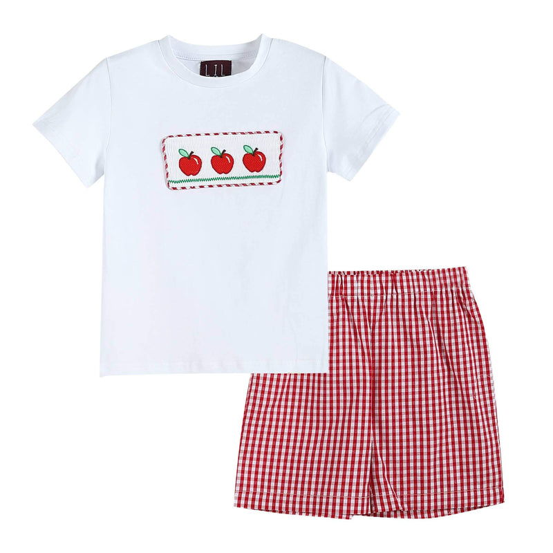 Smocked T-Shirt with Apple and Red Shorts