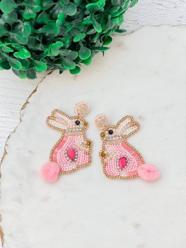 Easter Bunny Seed Bead Statement Earrings - Pink