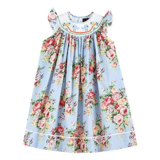 Light Blue Floral Smocked Angel-Sleeve Dress