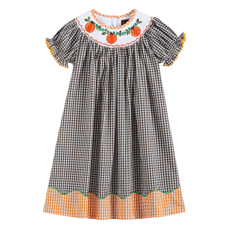 Brown Gingham Pumpkin Smocked Bishop Dress