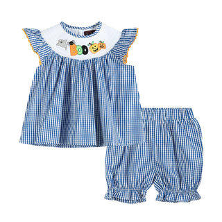 Blue 'Boo' Gingham Smocked Bishop Dress & Bloomers-Simply Blessed Children's Boutique