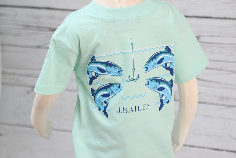 J Bailey Fish With Hooks T-Shirt on Seaglass Green Shirt-Boys-Simply Blessed Children's Boutique