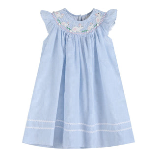Blue Seersucker Easter Bunny Smocked Bishop Dress - Lil Cactus-Girls Dresses-Simply Blessed Children's Boutique