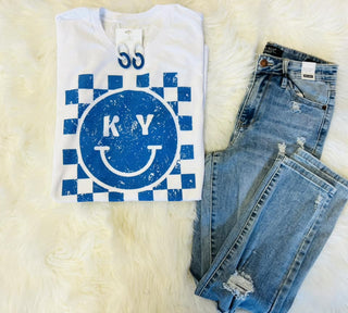KY Blue Check Smile TShirt-Women's Graphic Tees-Simply Blessed Children's Boutique