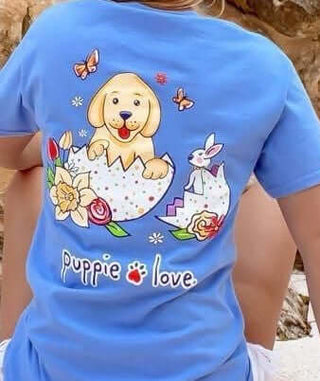 Kids Puppie Love Easter Egg Short Sleeve Shirt-Girls Graphic Tees-Simply Blessed Children's Boutique