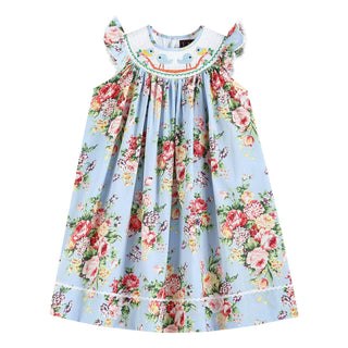 Light Blue Floral Smocked Angel-Sleeve Dress-Girls Dresses-Simply Blessed Children's Boutique