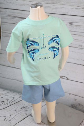 J Bailey Fish With Hooks T-Shirt on Seaglass Green Shirt-Boys-Simply Blessed Children's Boutique