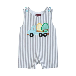 Lil Cactus Gray Striped Easter Egg Truck Shortalls-Boys One-Piece-Simply Blessed Children's Boutique