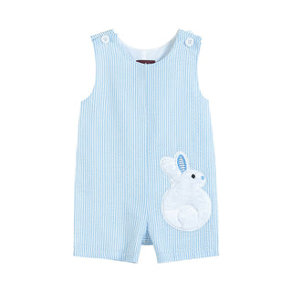 Lil Cactus Light Blue Seersucker Fuzzy Bunny Shortalls-Infants-Simply Blessed Children's Boutique