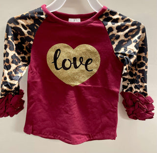 Love Leopard Ruffle Sleeve Shirt-Girls Long Sleeve Shirts-Simply Blessed Children's Boutique