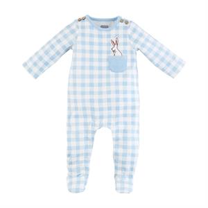 mud pie BABY BOY bunny sleeper white and blue checked bunny in front pocket