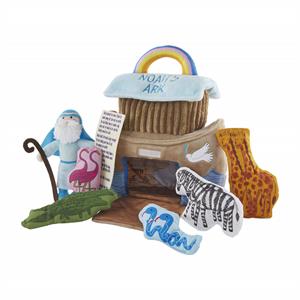 7-piece set: plush Noah's Ark holds plush animals and Noah with printed story scroll.