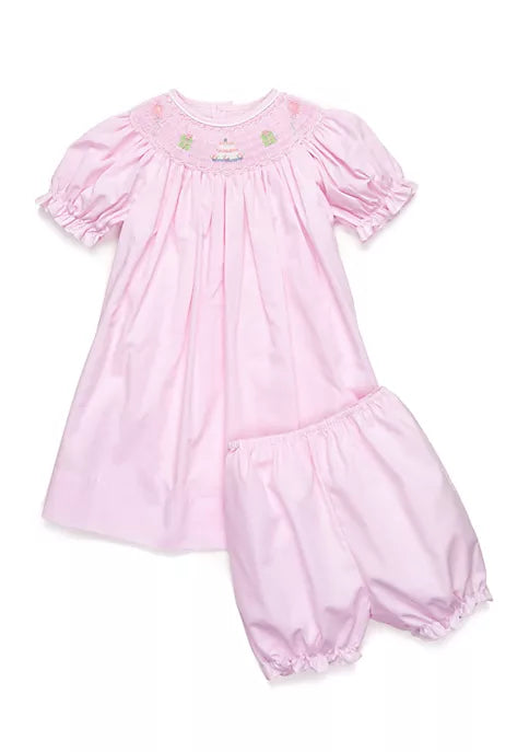 petit ami light pink smocked boutique dress with birthday embroider