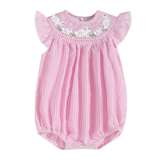 Pink Seersucker Bunnies Smocked Flutter Romper-Girls One-Piece-Simply Blessed Children's Boutique