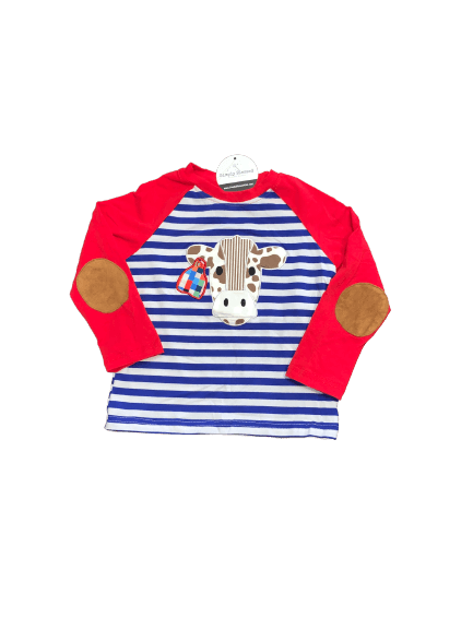 cow apllique boys shirt, red long sleeve sleeve with cow hide patch