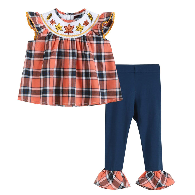 Navy & Orange Plaid Smocked Swing Top & Leggings Set