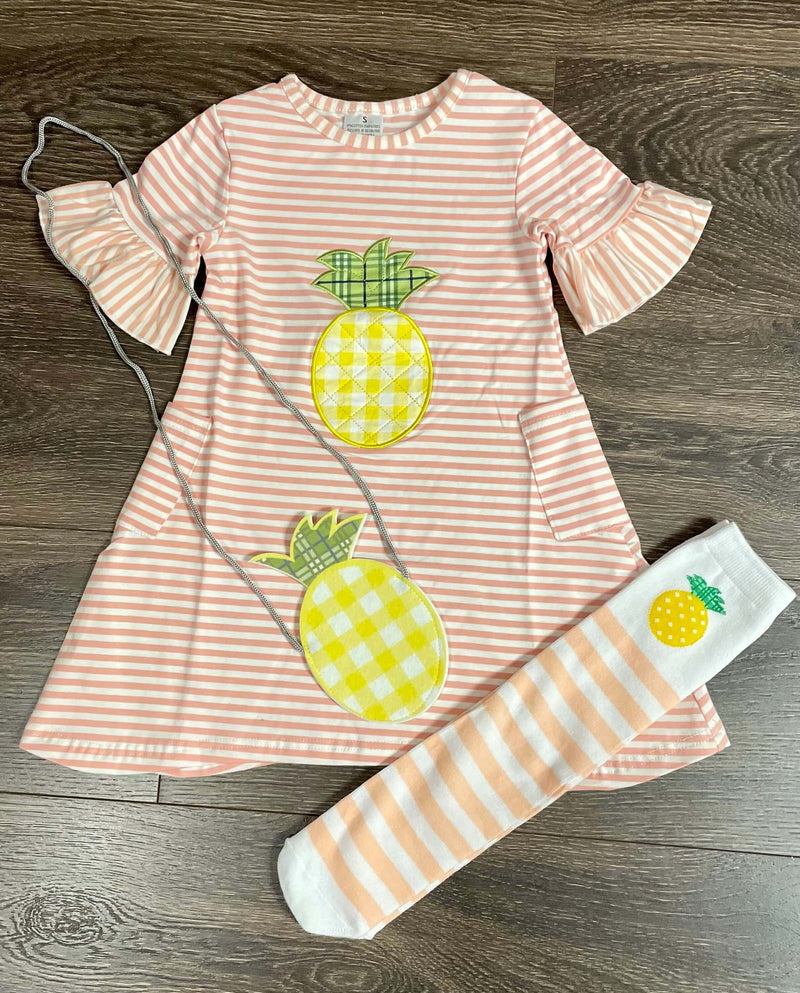 pineapple boutique girls dress with purse and socks