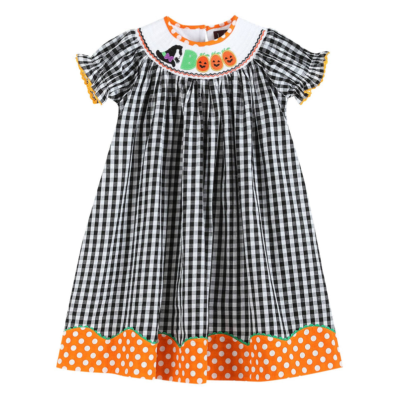 Black & Orange Gingham 'Booo' Smocked Bishop Dress-Simply Blessed Children's Boutique