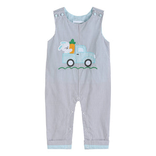 Lil Cactus Gray Striped Easter Bunny Truck Applique Overalls