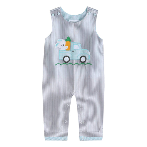 Lil Cactus Gray Striped Easter Bunny Truck Applique Overalls