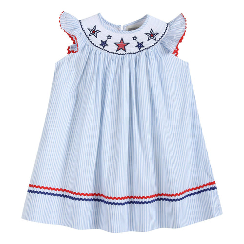 Blue Striped 4th of July Stars Smocked Bishop Dress