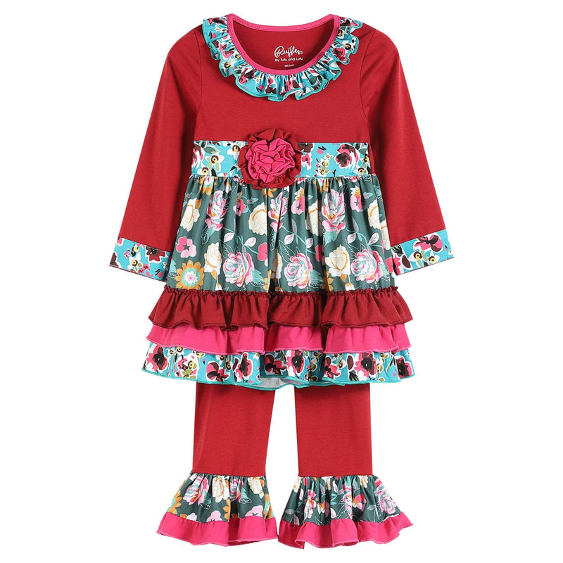 Ruffles - Red and Green Floral Print Dress with Capri Pant