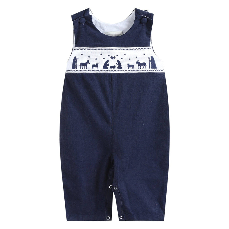 Navy Blue Corduroy Nativity Smocked Christmas Overalls