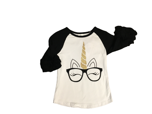 white with black ruffle 3/4 sleeve girls boutique shirt with unicorn