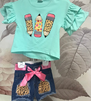Back To School Girls Mint Flutter Sleeve Pencil Shirt With Jean Leopard Patched Shorts