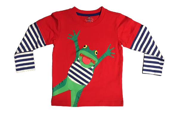 red long sleeve boys shirt with frog and frog mouth zipper pocket 