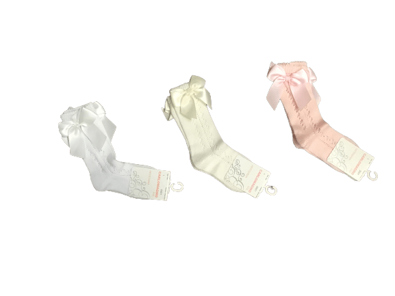 Scottish Yarn Openwork Bow Kneehigh Socks White